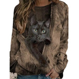 Ladies 3D Cartoon Cat Print T Shirt Women O-Neck Long Sleeve Casual Loose Clothing Tee Female Tops 5XL