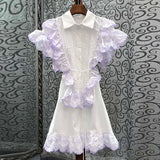 Casual Embroidery Dress For Women Lapel Flying Sleeve High Waist Colorblock Mini Dresses Female Summer Clothes