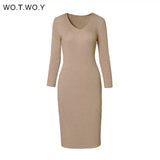 WOTWOY V-Neck Wrapped Knitted Dress Women Autumn Solid Sheath Sweater Dresses Women Knee-Length Bodycon Long Sweater Female
