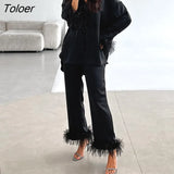 Elegant Black Feathers Lapel Shirts Elastic Waist Pants Suits Women 2023 Spring Two Piece Sets Autumn Loose Casual