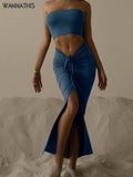 Two Piece Sets Women Ankle-Length Skirts Women Tube Crop Top Sexy Party Outfit Beachwear Split Drawstring Folds