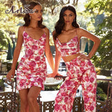 Floral Print Women 2 Piece Set Strap Camis Lace Up Cross Bandage High Waist Wide Leg Pants Elegant Party Club