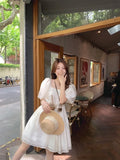 Birthday Korean Beach Style Square Collar Short Puff Sleeve Chiffon Ball Gown Mini Dress for Women Party Summer