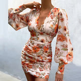 ArtsuWomen Sexy Deep V Neck Floral Print Dresses Long Lantern Sleeve Ruched Dress Elegant Female Bodycon Party Dress