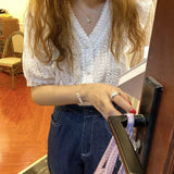 Sweet Lace Shirt 2021 V Neck Hollow Crochet Loose Women Tops Ruffle Stitching Blouse Short Sleeve Shirt and Blouse