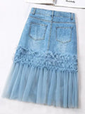 Women's Denim Skirt High Waist Patchwork Irregular Contrast Color Mesh Wrap Hip Mini Skirts 2024 Summer New Fashion 29L1167-Outfit