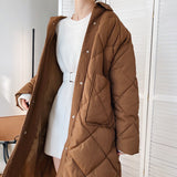 Women's Dual Pocket Long Winter Quilted Coat Knee Length Korean Belted Warm