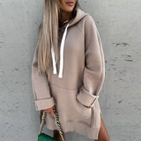 Women Pullover Hoodie Fashion Draswtring Sweatshirt Solid Long Sleeve Hooded Top Oversized Loose Streetwear Long