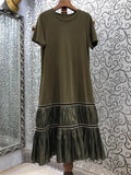 Casual Patchwork Folds Dress For Women Round Neck Short Sleeve Loose Waist Long Dresses Female 2023 Fashion Summer