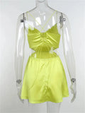 Backless Lace Up Women Solid Satin Mini Dress Cut Out Sexy Party Club Streetwear 2023 Summer Halter Low Cut Vestidos-Outfit