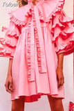 Sweet Solid Mini Dress For Women Peter Pan Collar Loose Sleeve Patchwork Ruched Folds High Waist Dresses Female 2023