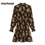 New Arrivals Floral Print Dress Stand Neck Vintage Mini Dresses Butterfly Sleeve Casual Pleated Dress Vestidos