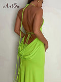 Ruched Split Maxi Dress for Women Sexy Bandage Backless Summer Halter Beach Long Dresses Gown Club Party