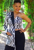 White and Black Print Irregular Blazer with Single