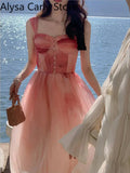 Party Summer Vintage Floral Dress Women Casual Princess Midi Fairy Strap Dress Party Beach Female 2022 Elegant One Piece Dress