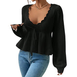 Women Hollow Sweaters Spring Autumn Clothes Knit Tops Solid Color Long Sleeve Drawstring Waist Pullover Sexy Club Knitwear-Outfit