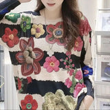Loose Floral Printed Round Neck Knitted T-shirt 2023 Women's Clothing All-match Fashion Chic Patchwork Long Sleeve