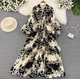 Quality Light Extravagant Lantern Long Sleeved Round Collar Waist Slim Single Breasted Printed Dress Elegant Long Skirt-Outfit
