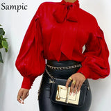 Women Fashion Female Casual Office Turtleneck Satin Blouse Shirt Red Vintage Long Sleeve Blouse Tops