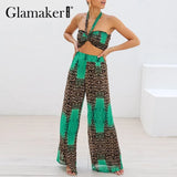 Ethnic vintage printed 2 piece suits Women Chiffon holiday beach crop top and pants Fashion loose female overalls