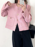 Women's Dual Pocket Pink Tweed Jacket Autumn Winter 2022 Short Gold Button