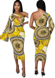 Casaul Retro Print One Shoulder Long