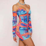 Early Autumn New Mini Dress Suspender Bright Color Printing Strappy Drawstring Slim For Women