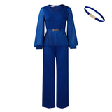 Women's Elegant Fashion Office V-Neck Long Sleeves Folded Waist Tops Wide-Legged Trousers All-Legged