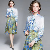 Spring Femme Boho Flower Print Dress Single-breasted Bow Neck Lantern Sleeve Midi Robe 2021 Runway Design Vestido