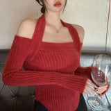Mink Cashmere Halter Off Shoulder Knitted Sweater Women's Autumn and Winter Chic Tight-fitting Short Inner