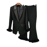 New Fashion Temperament Real Feather Ostrich Hairy Blazer Nine-Point Trouser Suit Two