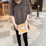 Womens T-shirt Korean V-neck Short-sleeved T-shirt Loose Large Size Medium Long Bottoming Shirts Woman Tshirts 2022 Summer
