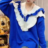 Solid Color Ruffles Spliced Sweaters Women's Clothing Korean Long Sleeve Autumn Winter Elegant V-Neck Knitted