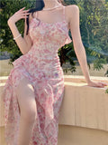 Floral Sexy Dress Women Split Backless Party Midi Dresses Female Print Holiday Korean Fashion Strap Dress Summer