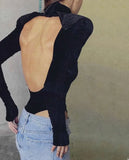 Sexy Rib Velvet High Neck Backless Long Sleeve with Mittens Fingerless
