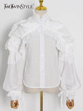 Striped Patchwork Ruffle Blouse For Women Stand Collar Long Sleeve Elegant Shirt Female Fashion Clothing