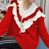 Solid Color Ruffles Spliced Sweaters Women's Clothing Korean Long Sleeve Autumn Winter Elegant V-Neck Knitted
