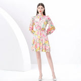 High-End Squeer Hook Lace Dress Women's Waists Thin High-Collar Lantern Sleeves A-Shaped