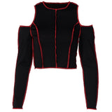 T Shirts Patchwork Stitch Cold Shoulder Tees Y2k 90s Aesthetic Tops Punk Style Long Sleeve Soft Skinny Tops