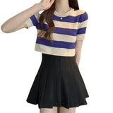 Classic Bump Striped Short-Sleeved Ice Silk Knitted Women's Summer T-Shirt Short Repair Small Shirt