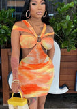 Sexy Orange Printed Halter straps Ruched See Through Bodycon Midi