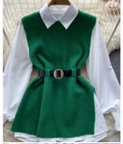 The Spring And Autumn Of 2024, The New Medium-And Long-Style Sweater Suit Shows A Thin Tie, Waist Knitted Vest Shirt And Two Sets Of Women.-Outfit