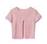 Korean Fashion Irregular Crop Tops Grunge Chic Designer Clothes Kpop Split Knitted Short Sleeve T-shirt Y2k