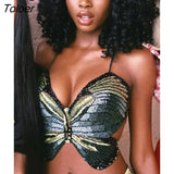 Halter Butterfly Print Tank Tops Women Sexy Sleeveless Elegant Party Outfits Summer Tie Up Irregular Suspender Crop