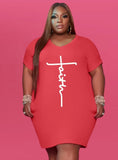 Print Round Neck Short Sleeves Plus Size Shirt
