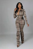 Gray Plaid Turndown Collar Zipper Long Sleeve Ruched