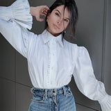 Blouse Women Uveniles Shirt Long Sleeve Women Youth Women's Blouses Double Layered Flounce Design White Office Lady Tops-Outfit