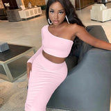 2 Piece Set Skirt and One Shoulder Long Sleeve Crop Top Fall Clothes for Women 2020 Fashion Sexy Club Outfits