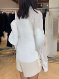 Straight White Cut Out Shirt For Women Lapel Long Sleeve Solid Casual Button Through Blouse Female Fashion