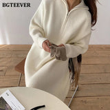 Casual Thicken Turtleneck Zippers Women Knitted Dress 2021 Autumn Winter Long Sleeve Side Split Female Sweater